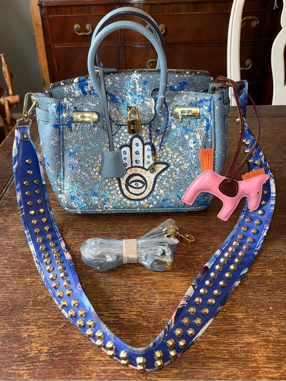 EUC Anca Barbu original hand painted Nicole satchel bag Hamsa pattern w/2 straps